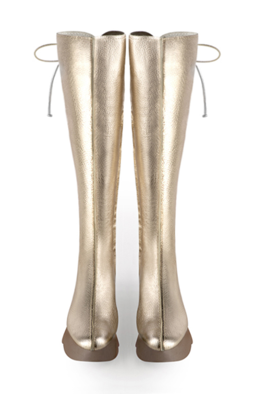 Gold women's knee-high boots, with laces at the back. Round toe. Low rubber soles. Made to measure. Top view - Florence KOOIJMAN